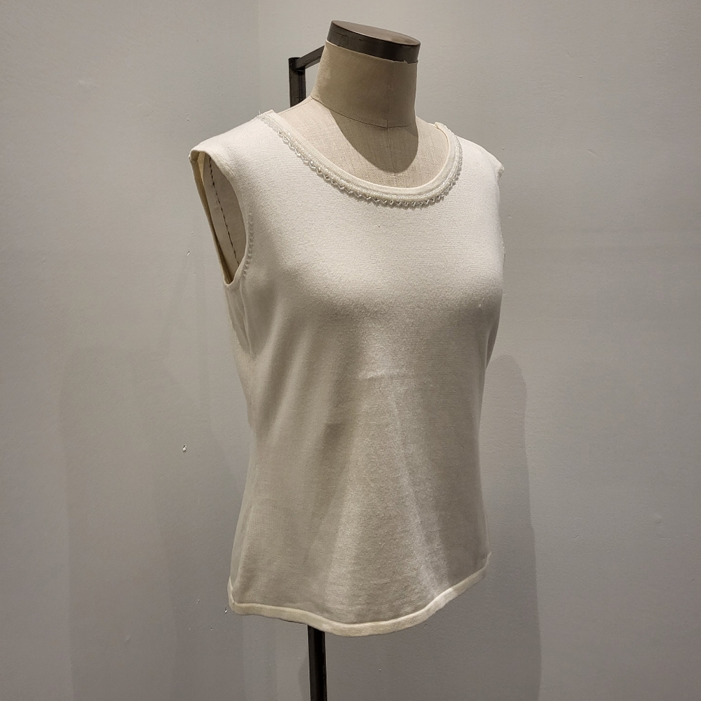 Bob Mackie Wearable Art Cream w/ Beaded Neckline Knit Top